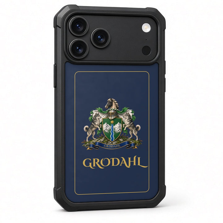 iPhone 17 Pro Max Heritage phone case, deep navy with gold border, coat of arms and surname in gold