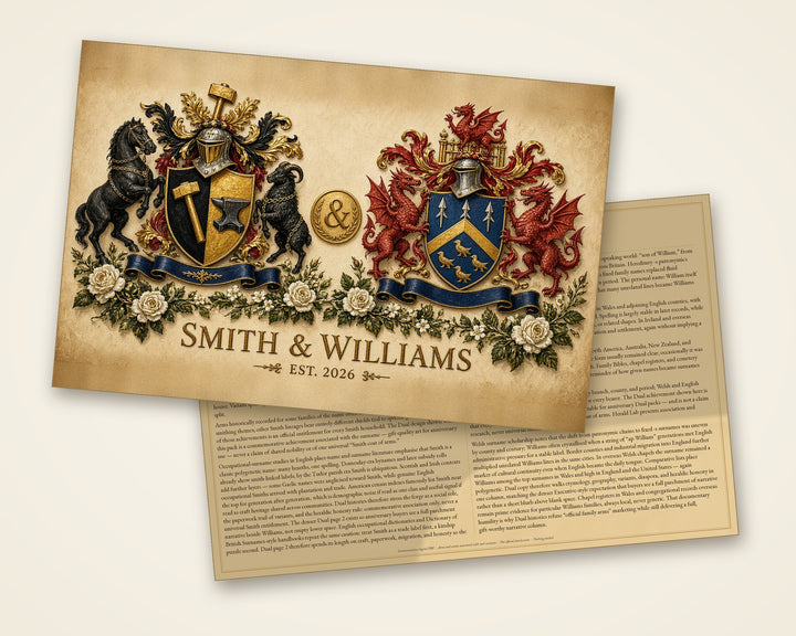 Anniversary sample, both pages: page 1 is one painting with both family coats of arms (Smith & Williams, Est. 2026), page 2 holds the joint family history — Herald Lab
