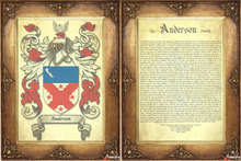 Load image into Gallery viewer, Executive Family Name History and full color Coat of Arms (2 pages) size 17" X 11" (cm 43x28)