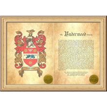 Load image into Gallery viewer, Executive Family Name History and full color Coat of Arms (2 pages) size 17" X 11" (cm 43x28)