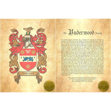 Load image into Gallery viewer, Executive Family Name History and full color Coat of Arms (2 pages) size 17" X 11" (cm 43x28)