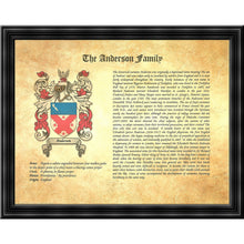 Load image into Gallery viewer, Executive Family Name History and full color Coat of Arms (2 pages) size 17" X 11" (cm 43x28)