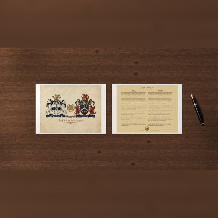 Tirages musée Anniversaire : exemple Baker & Williams, page 1 avec les deux blasons et les deux noms sur les rubans, page 2 avec les deux histoires de famille, sur Hahnemühle Photo Rag