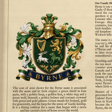 
Charger l'image dans la galerie, Close-up of the parchment-look print showing the Byrne coat of arms and text detail