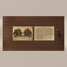 
Charger l'image dans la galerie, Anniversary museum prints, 2 sheets: both coats of arms and both family histories (illustrative, Smith &amp; Williams sample) — Herald Lab