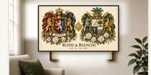 
Laden Sie das Bild in den Galerie-Viewer, Sample Dual Anniversary coat of arms PDF printed and framed — Rossi &amp; Bianchi landscape — Herald Lab
