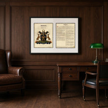 
Load image into Gallery viewer, Executive Framed Edition: coat of arms page and surname history page side by side in one black frame
