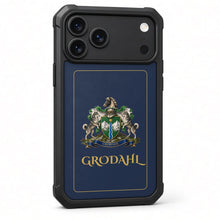 
Cargar imagen en el visor de la galería, iPhone 17 Pro Max Heritage phone case, deep navy with gold border, coat of arms and surname in gold