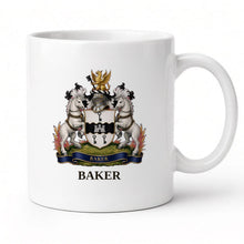 
Carica l'immagine nel visualizzatore di Gallery, White 11oz mug with the Baker coat of arms and surname (illustrative mockup)