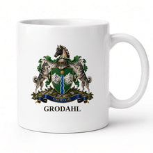 
Carica l'immagine nel visualizzatore di Gallery, White 11oz mug with the Grodahl coat of arms and surname (illustrative mockup)