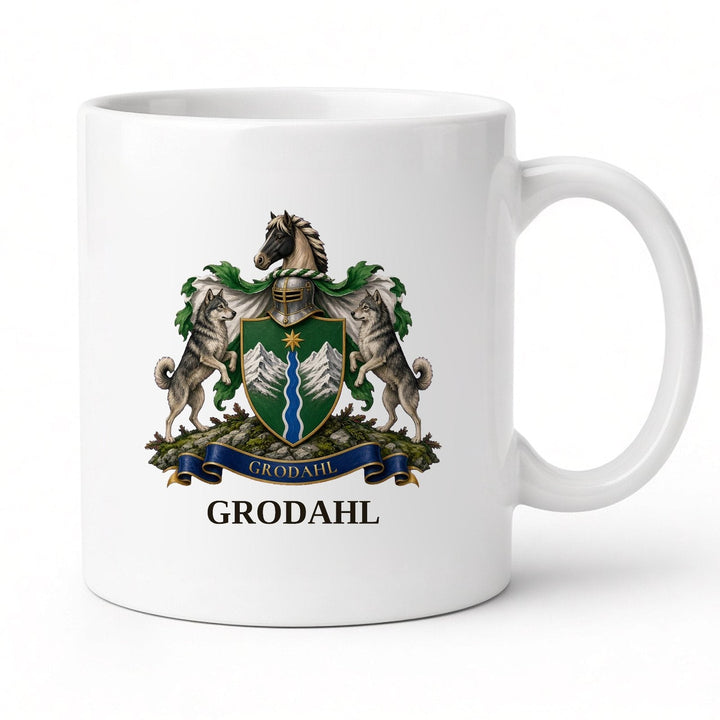 White 11oz mug with the Grodahl coat of arms and surname (illustrative mockup)