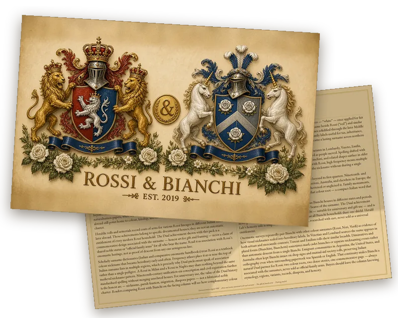 Exemple du pack Anniversaire : page 1 avec les deux blasons dans une seule peinture et page 2 avec l’histoire des deux noms, côte à côte