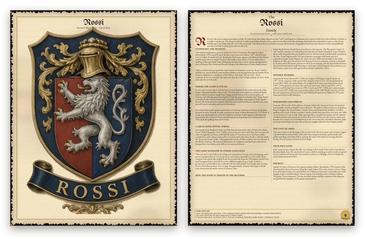 Executive sample: page 1 with the full-page coat of arms and page 2 with the extended surname history, shown side by side