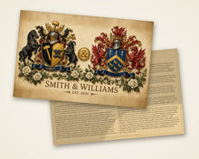 
Wczytaj obraz do galerii, Anniversary sample, both pages: page 1 is one painting with both family coats of arms (Smith &amp; Williams, Est. 2026), page 2 holds the joint family history — Herald Lab