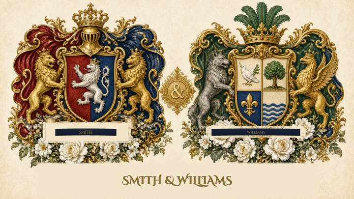 Sample Dual coat of arms PDF for two surnames — wedding gift layout
