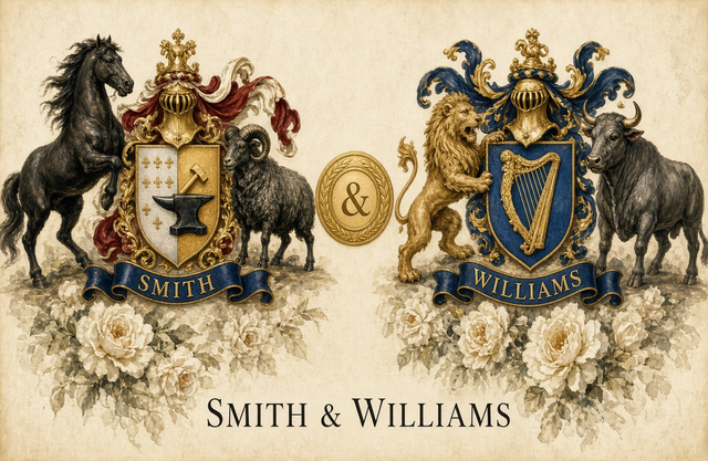 Sample Dual coat of arms PDF for two surnames — wedding gift layout