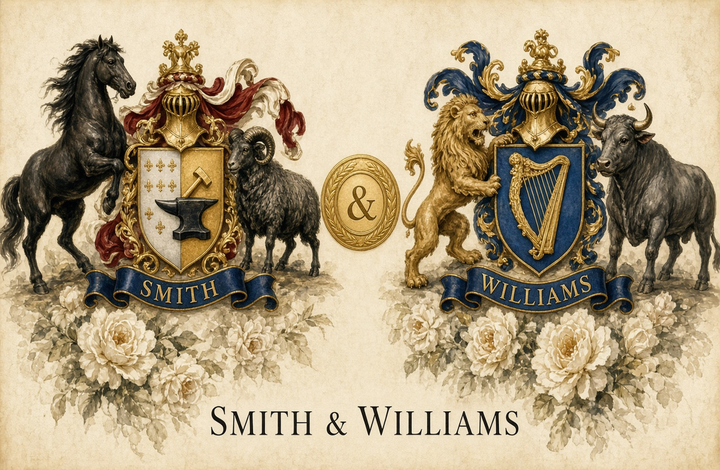 Sample Dual coat of arms PDF for two surnames — wedding gift layout