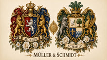 
Charger l'image dans la galerie, Jubiläums-Doppelwappen — Müller &amp; Schmidt, beide Namensbänder unter den Wappen — Herald Lab