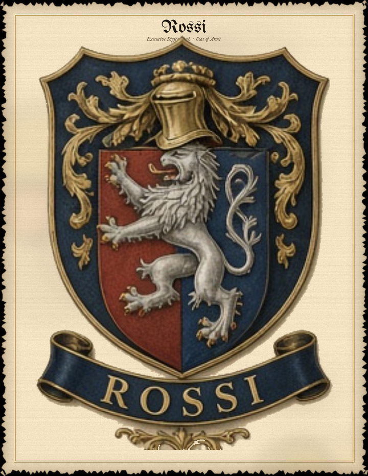Executive sample — portrait coat of arms plus a full-page, multi-source surname history with sources listed