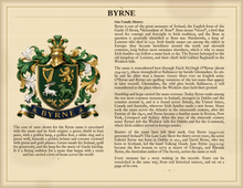 
Load image into Gallery viewer, Sample Last Name Origin PDF — The Byrne Family — Standard layout, coat of arms left, surname history right — Herald Lab