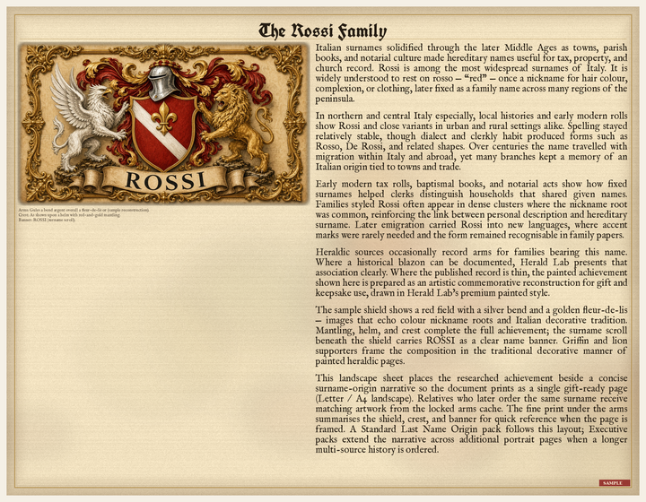 Sample Herald Lab Standard PDF layout for surname research — commemorative, not an official entitlement