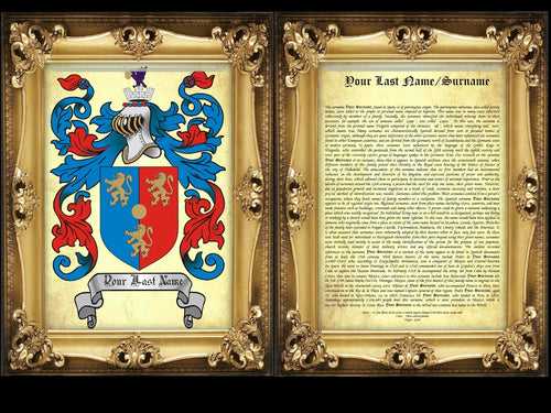 Executive Family Name History and full color Coat of Arms (2 pages) size 17