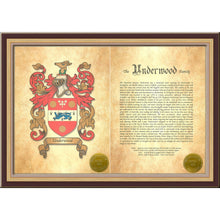 Load image into Gallery viewer, Executive Family Name History and full color Coat of Arms (2 pages) size 17&quot; X 11&quot; (cm 43x28)