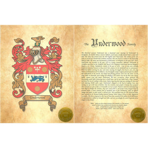 Executive Family Name History and full color Coat of Arms (2 pages) size 17" X 11" (cm 43x28)